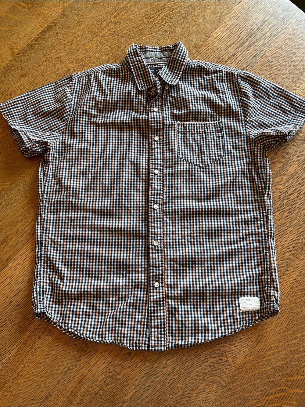 Adam Levine Collection Short-Sleeve Button-Down Shirt - Blue and Peach Check, M
